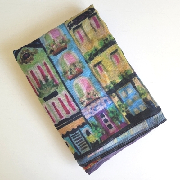 Karen Fields Lightweight Scarf with City Town Print Trim Purple Women's - Picture 6 of 8